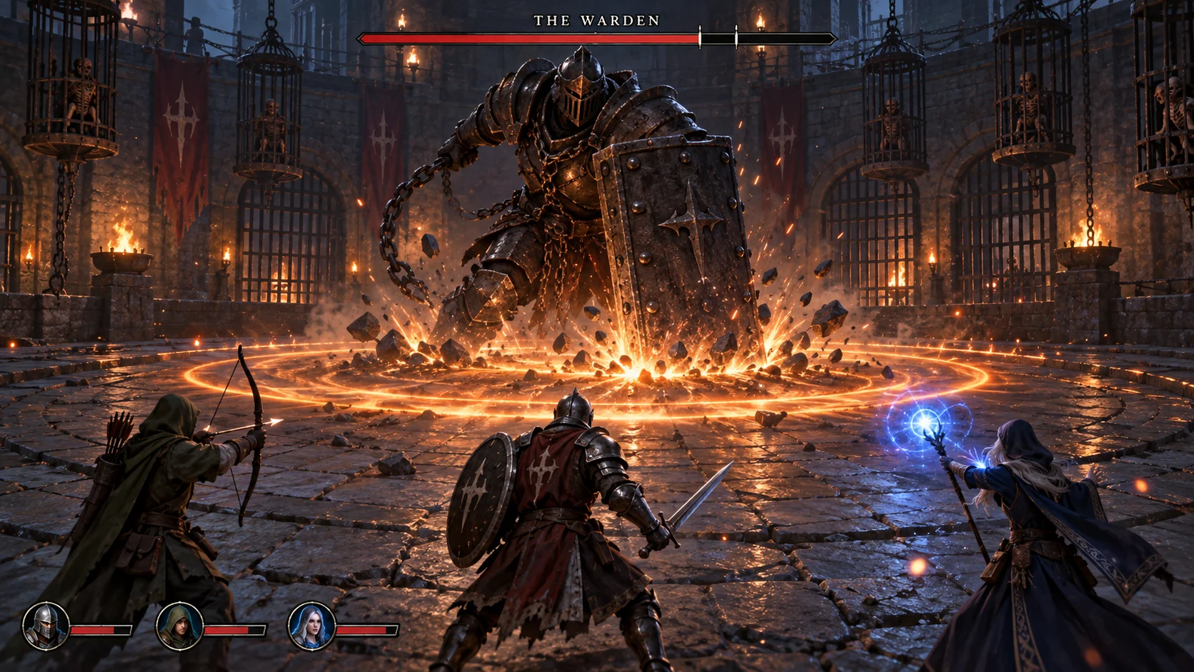 Co-op boss fight: The Warden slams his tower shield into the arena floor while three players fight him
